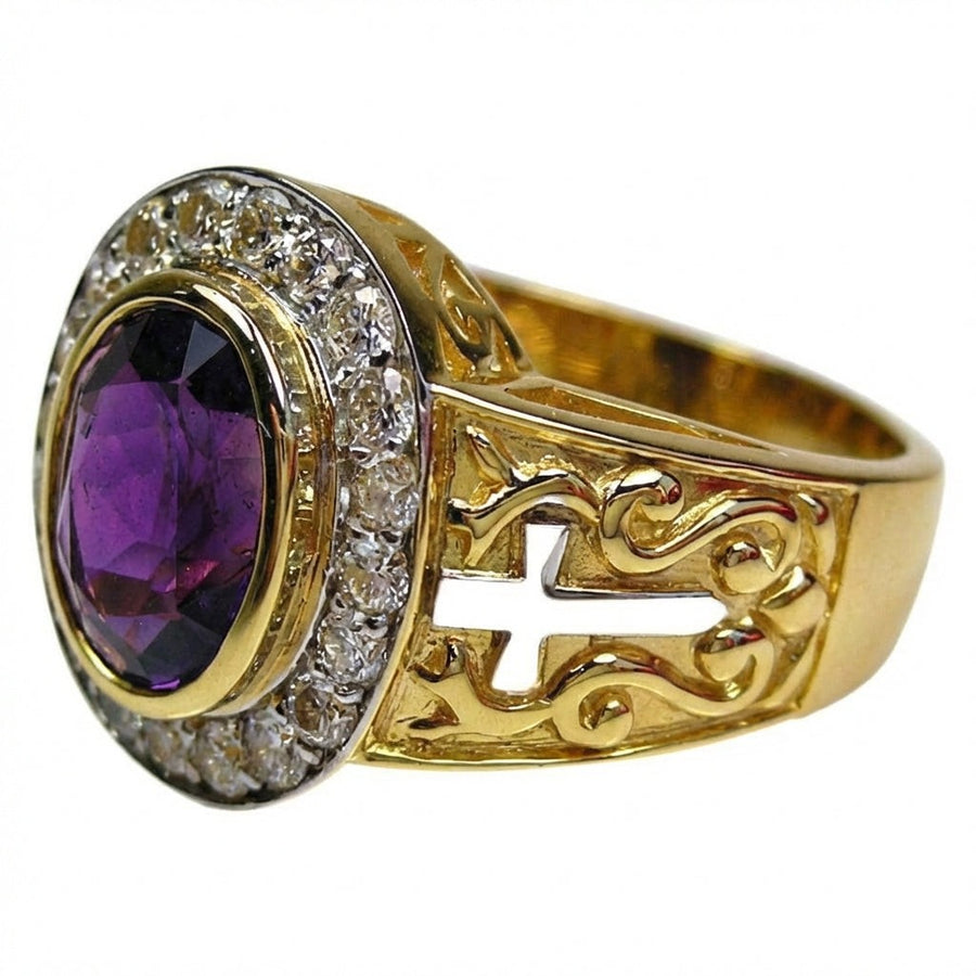14K yellow gold amethyst bishop ring with diamond halo and ornate filigree cross on band shoulder