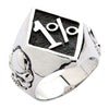 Anello biker 1%er realizzato in argento sterling, con il simbolo one percent e teschi laterali dettagliati.