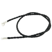 A 3mm black braided leather necklace with 925 sterling silver end caps, coiled on a white background.
