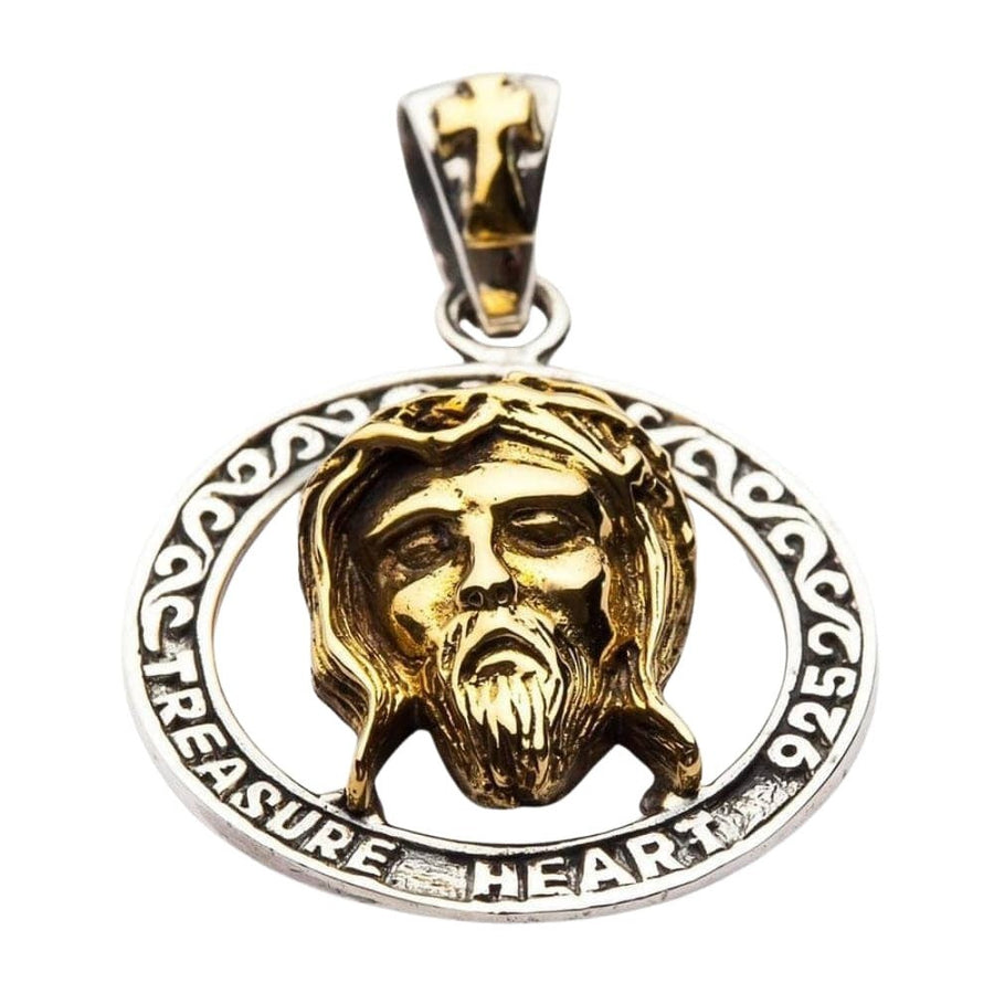 Jesus-vedhæng i 925 sterling sølv med tornekrone belagt med 14K guld – frontvisning med indgraveret Treasure Heart 925-stempel.
