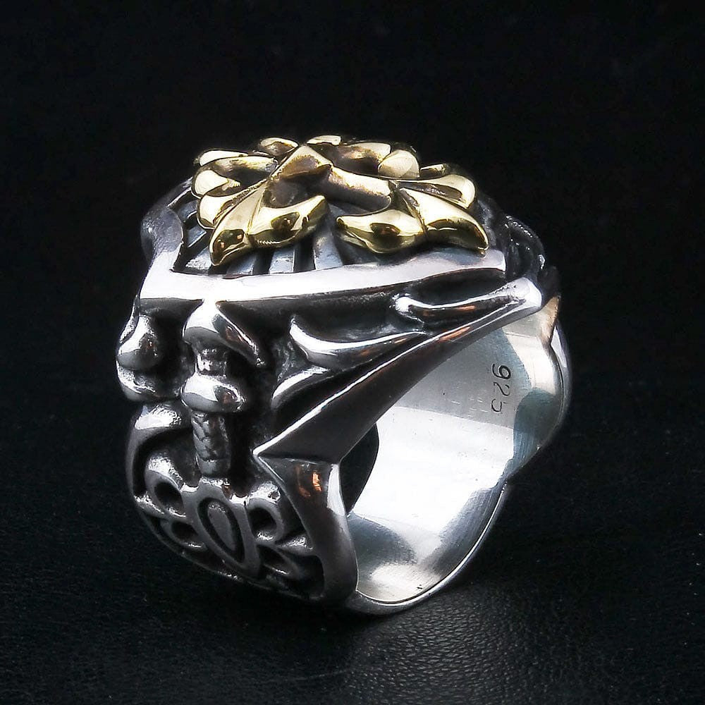 Back View Ring Medieval Shield Ring | Two-Tone Knight Statement Band
