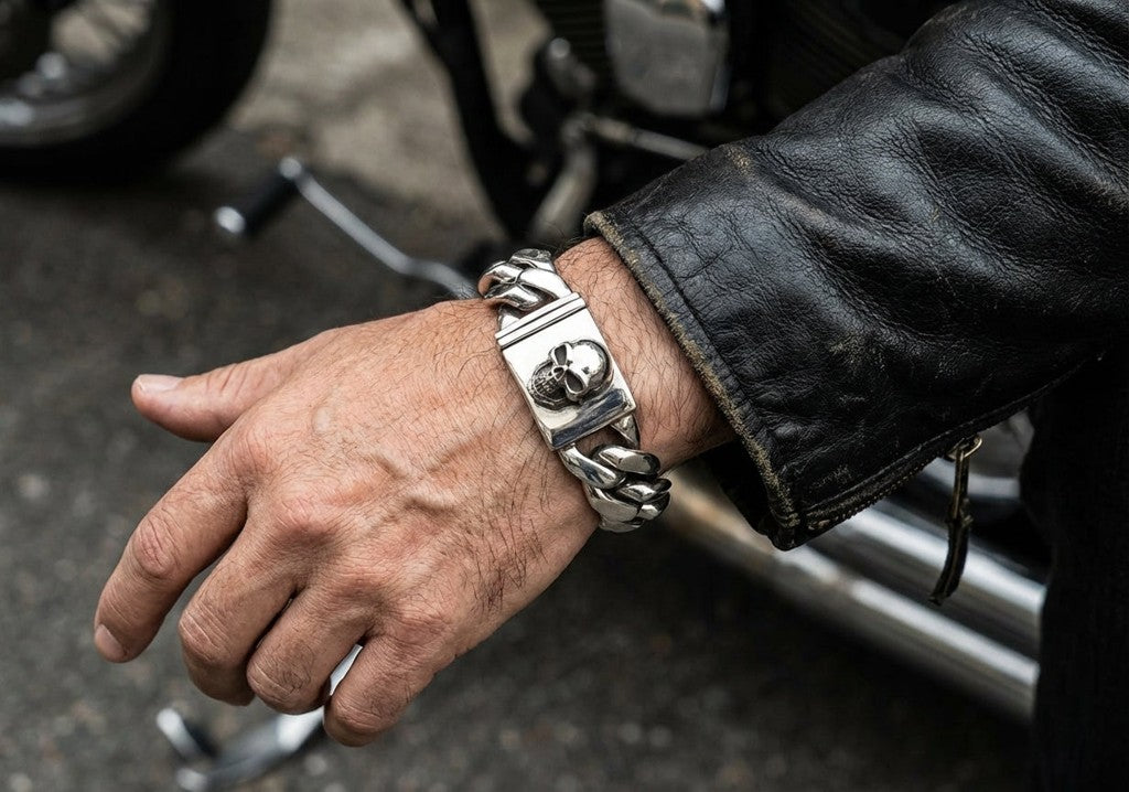 Bracelet Tête De Mort Bikers En Argent Massif 925 - Occasion Avec Usure Du Temps - Style Rock