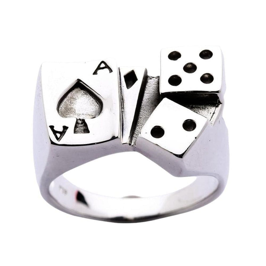 Sterling silver gambler ring featuring ace of spades card and dice design front view on white background