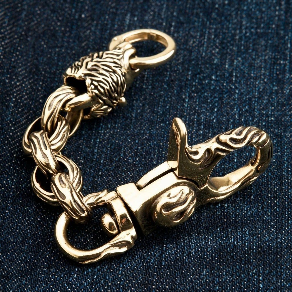 Lion Head Brass Keychain — Vintage Biker Belt-Loop Fob