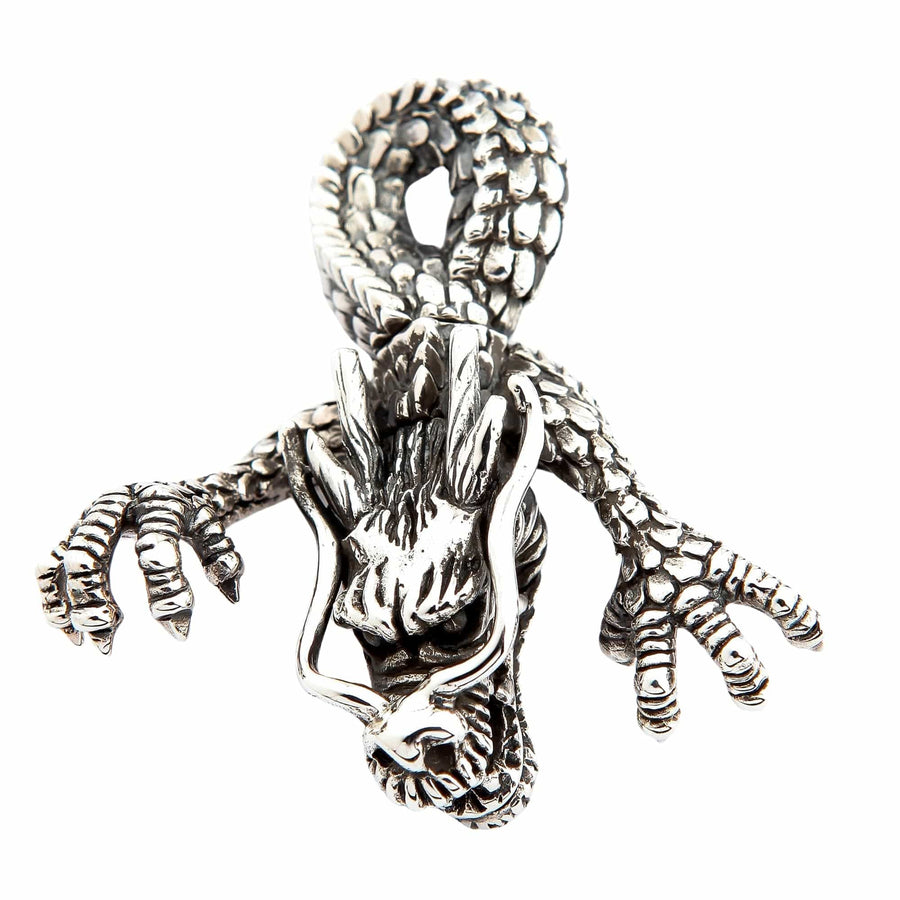 Front view of the big dragon head pendant in solid .925 sterling silver, featuring an open jaw, fangs, and sweeping horns.