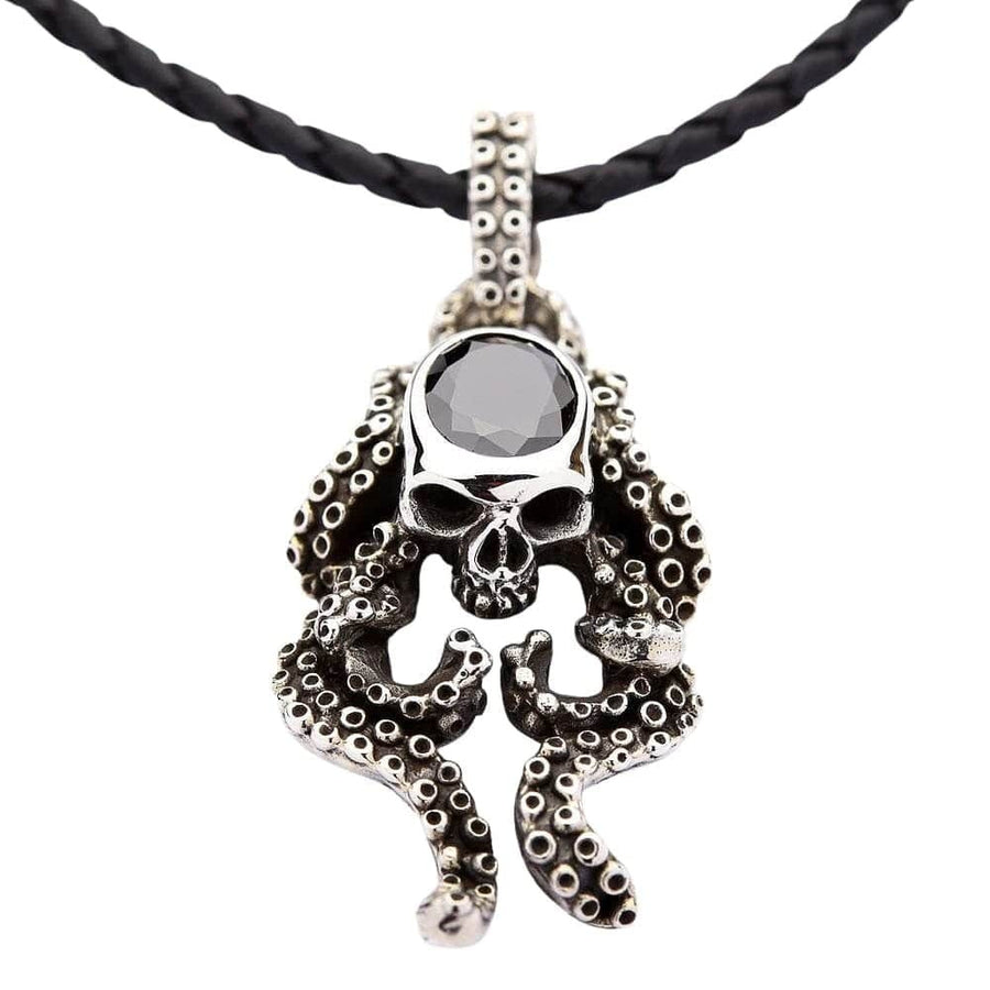 Pendentif gothique en argent sterling 925 avec crâne de pieuvre en onyx noir vue de face avec cordon en cuir