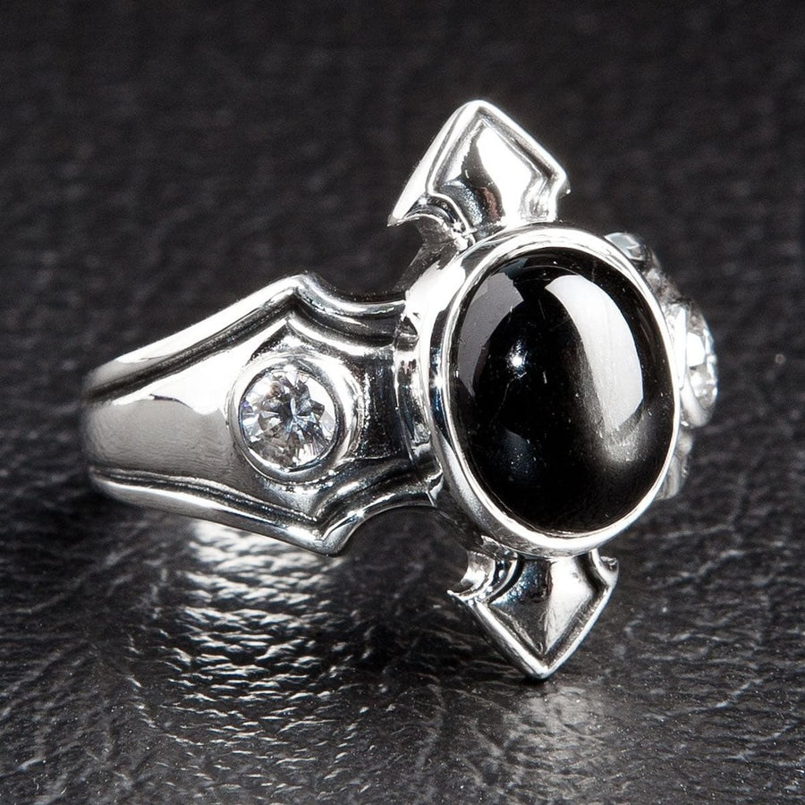 Angled view of Mens Black Onyx Silver Ring with Gothic detailing and CZ accents