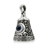 Blue eyeball guardian bell in .925 sterling silver, front view with oxidized scrollwork and a ribbed bail