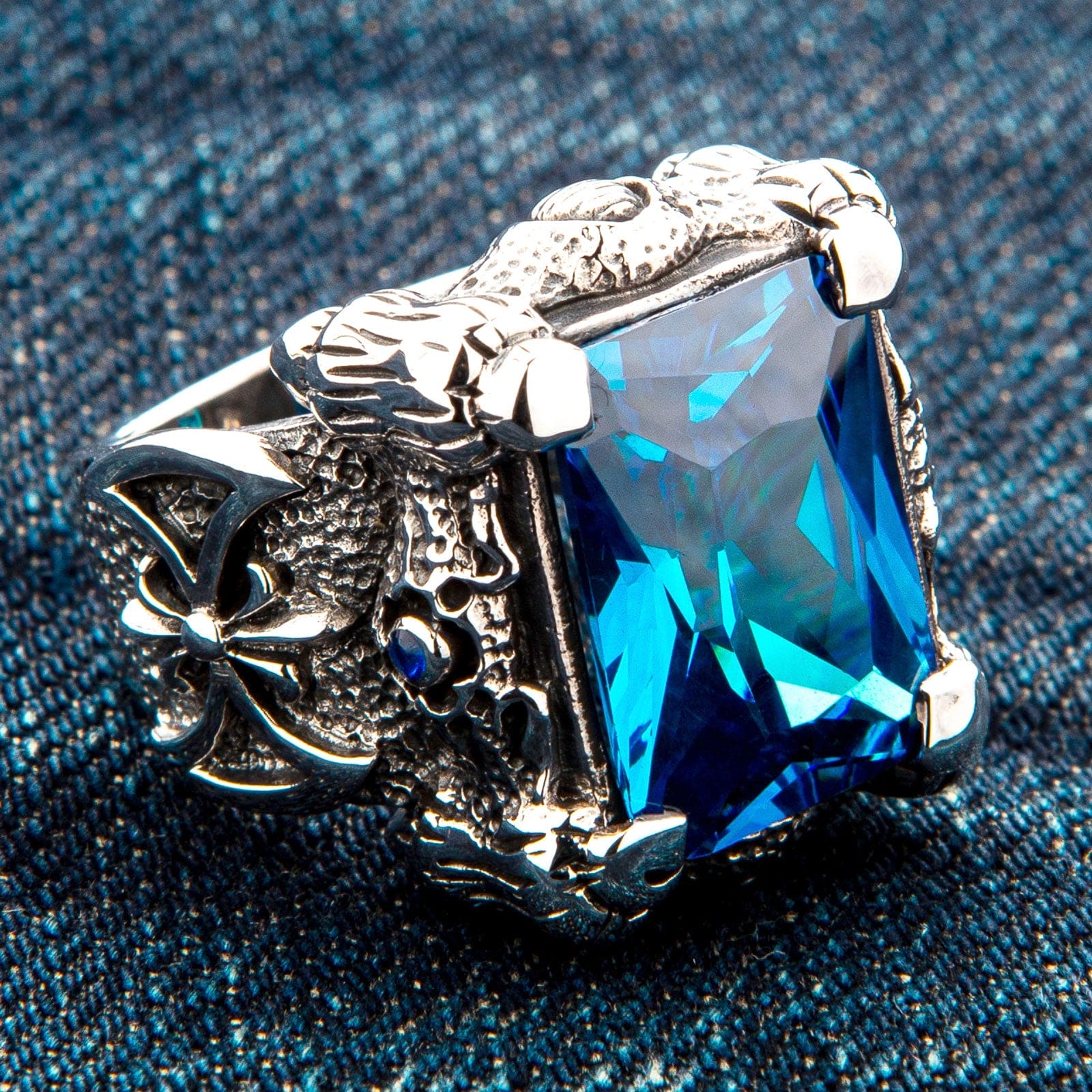 Dragon Claw Topaz Ring Men Blue Tourmaline Stone Mens Ring Warrior