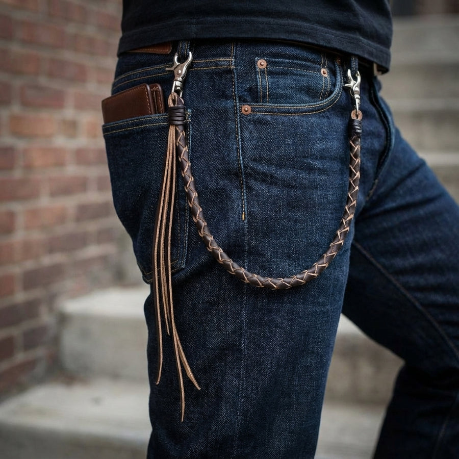 Chaîne portefeuille en cuir tressé marron avec fermoirs argentés attachée à un jean bleu foncé, comportant des pompons décoratifs en cuir et un portefeuille en cuir marron dans la poche arrière, mettant en valeur l'accessoire de style motard dans un cadre de vie décontracté.