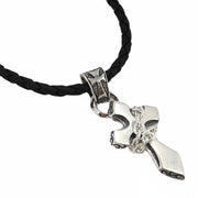 The sterling silver chained cross pendant shown on its included braided black leather necklace.
