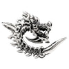 Coiled sterling silver dragon pendant shown head-on, long tapered claw sweeping out to the lower right.