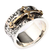 Angled view of the crusader cross ring in 925 silver with a raised brass cross.