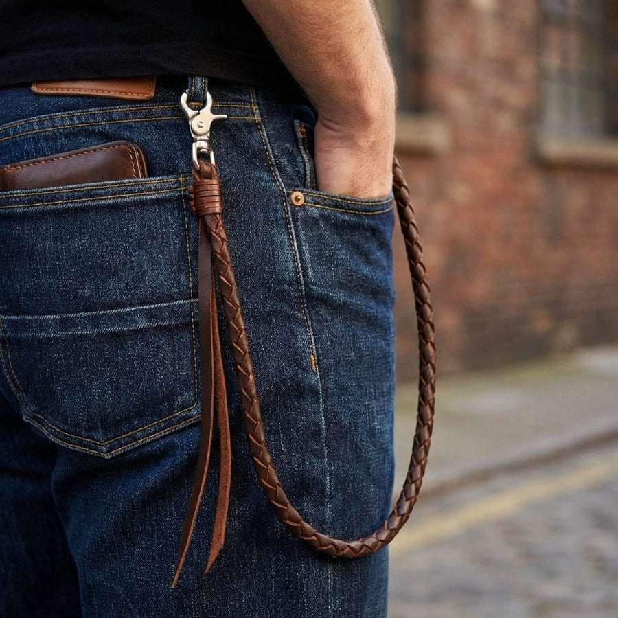 Chaîne de portefeuille en cuir véritable tressé marron foncé avec un fermoir en métal argenté attaché à la boucle de ceinture, montrée sur une personne portant un jean en denim bleu avec un portefeuille en cuir marron dans la poche arrière, photographie de style urbain.