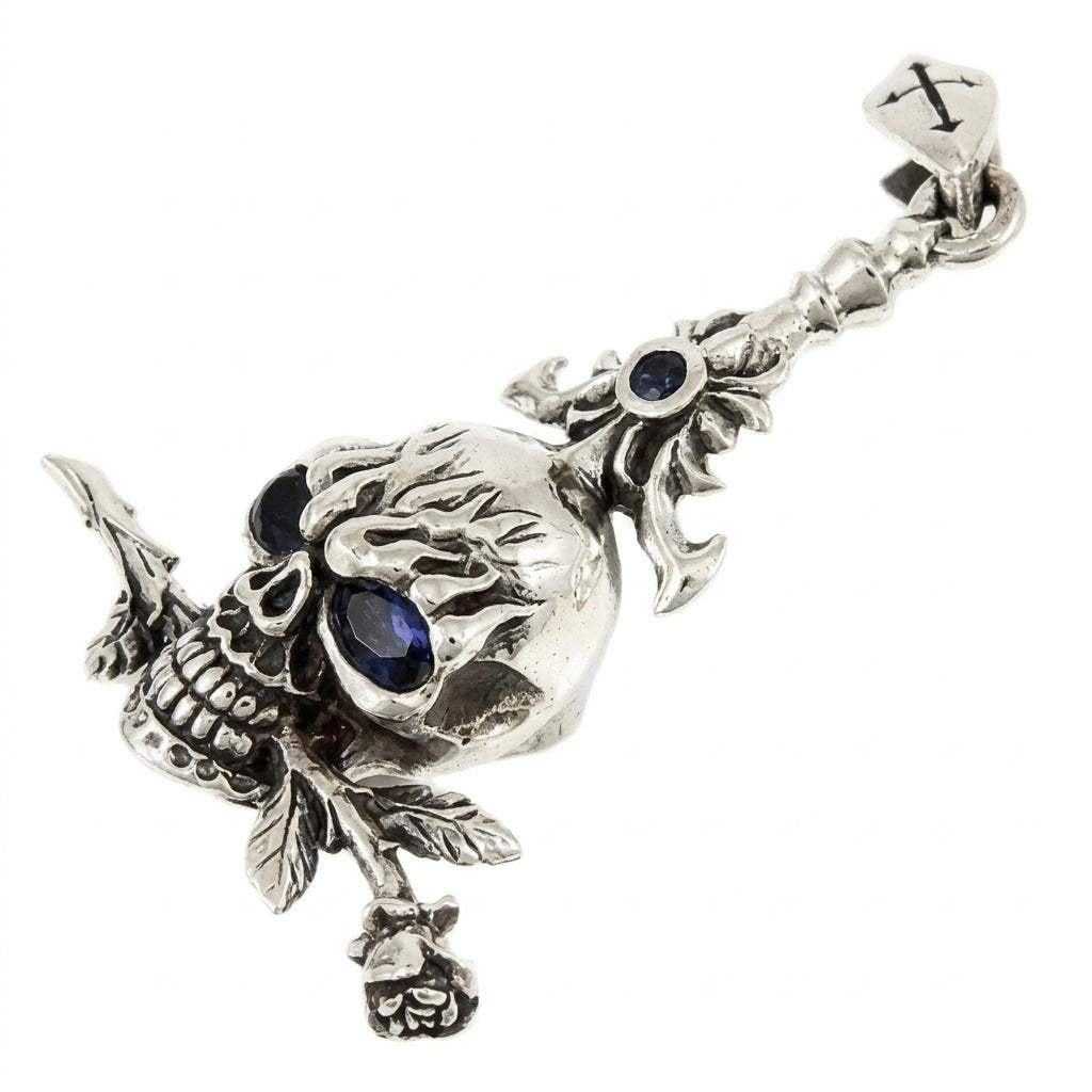 【JAP工房】Skull Blue Rosen Croiz Pendant Blue Eyes Skull and Rose Sterling Silver Biker Pendant