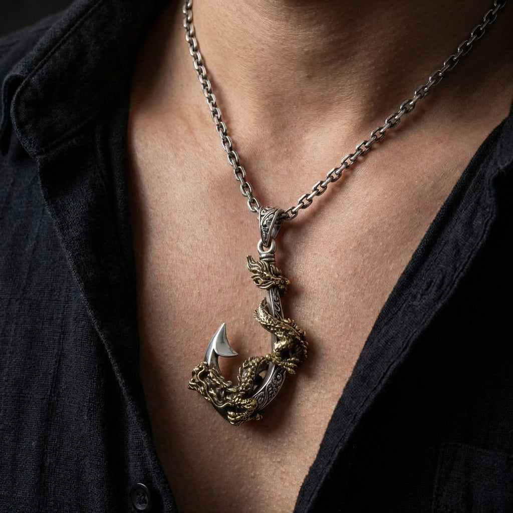 dragon fish hook Dragon Fish Hook Pendant — .925 Sterling Silver & Brass Hei Matau