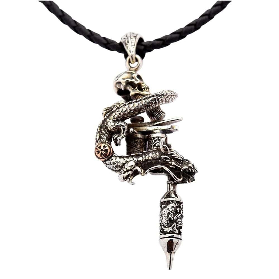 Pendentif machine à tatouer crâne de dragon en argent sterling 925 avec accent en laiton vue de face