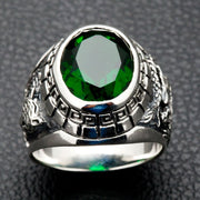 Emerald Japanese Tiger Dragon Sterling Silver Men's Ring