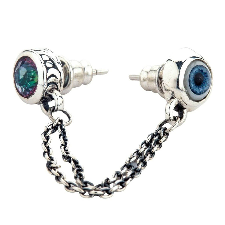 Boucle d'oreille double chaîne en argent sterling reliant une topaze mystique facettée à un œil protecteur en verre bleu peint à la main.