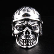 Flame Biker Skull Sterling Silver Ring
