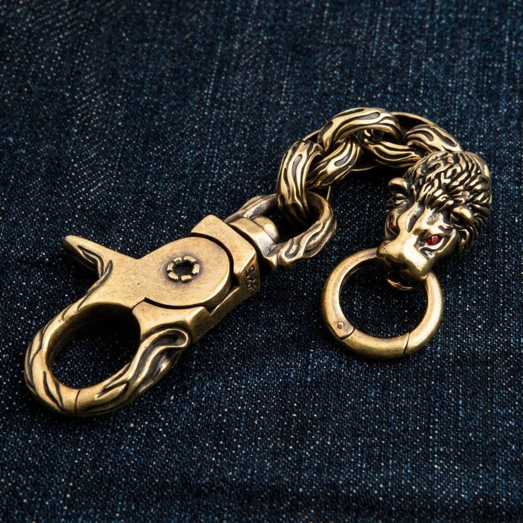 Lion Head Brass Keychain — Vintage Biker Belt-Loop Fob