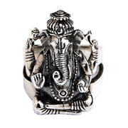 Front view of the heavy Hindu Ganesh ring in 925 sterling silver, showing the four-armed deity.