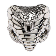 Front view of the heavy sterling silver king cobra ring showing the detailed scales and fangs.