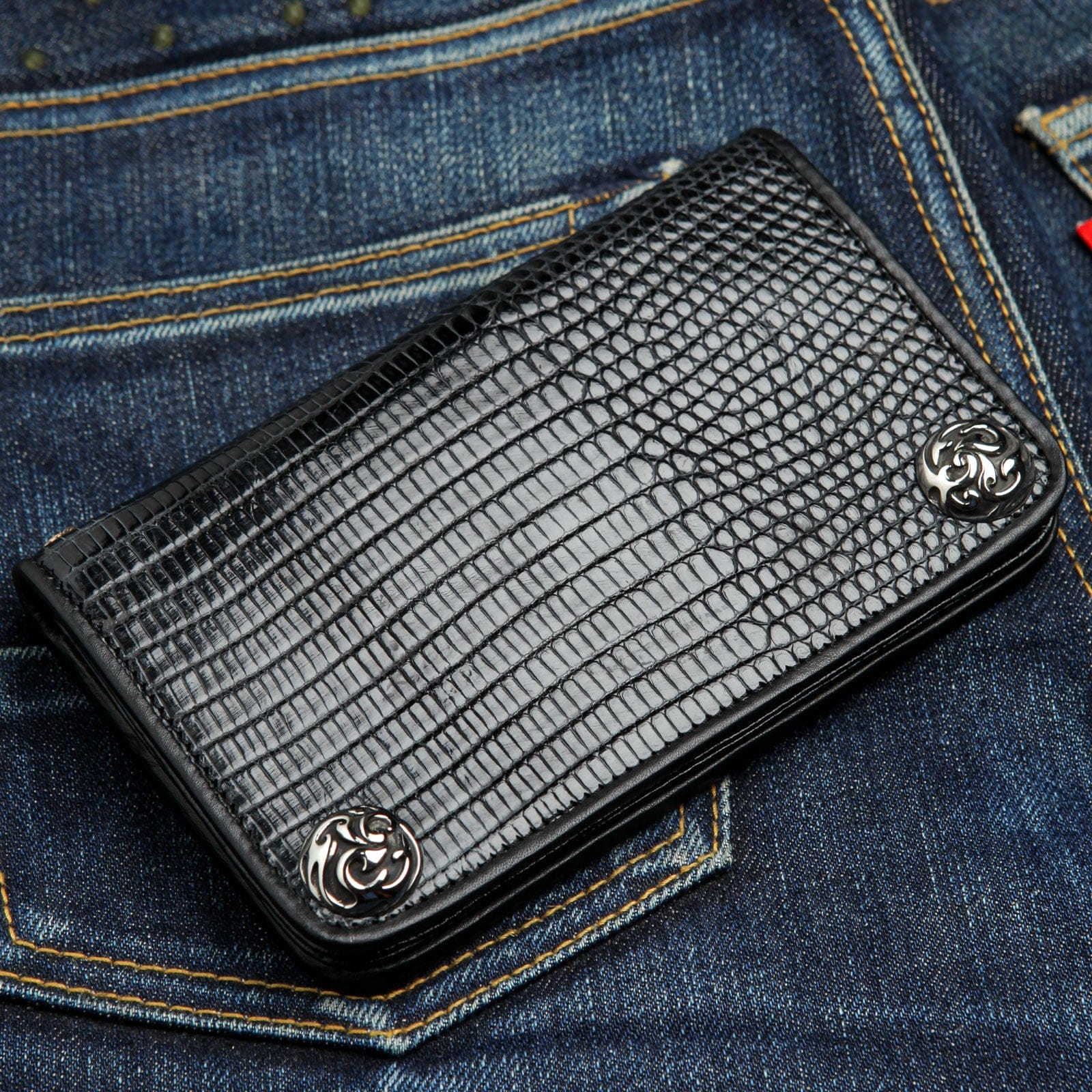Genuine Black Lizard Leather Biker Wallet