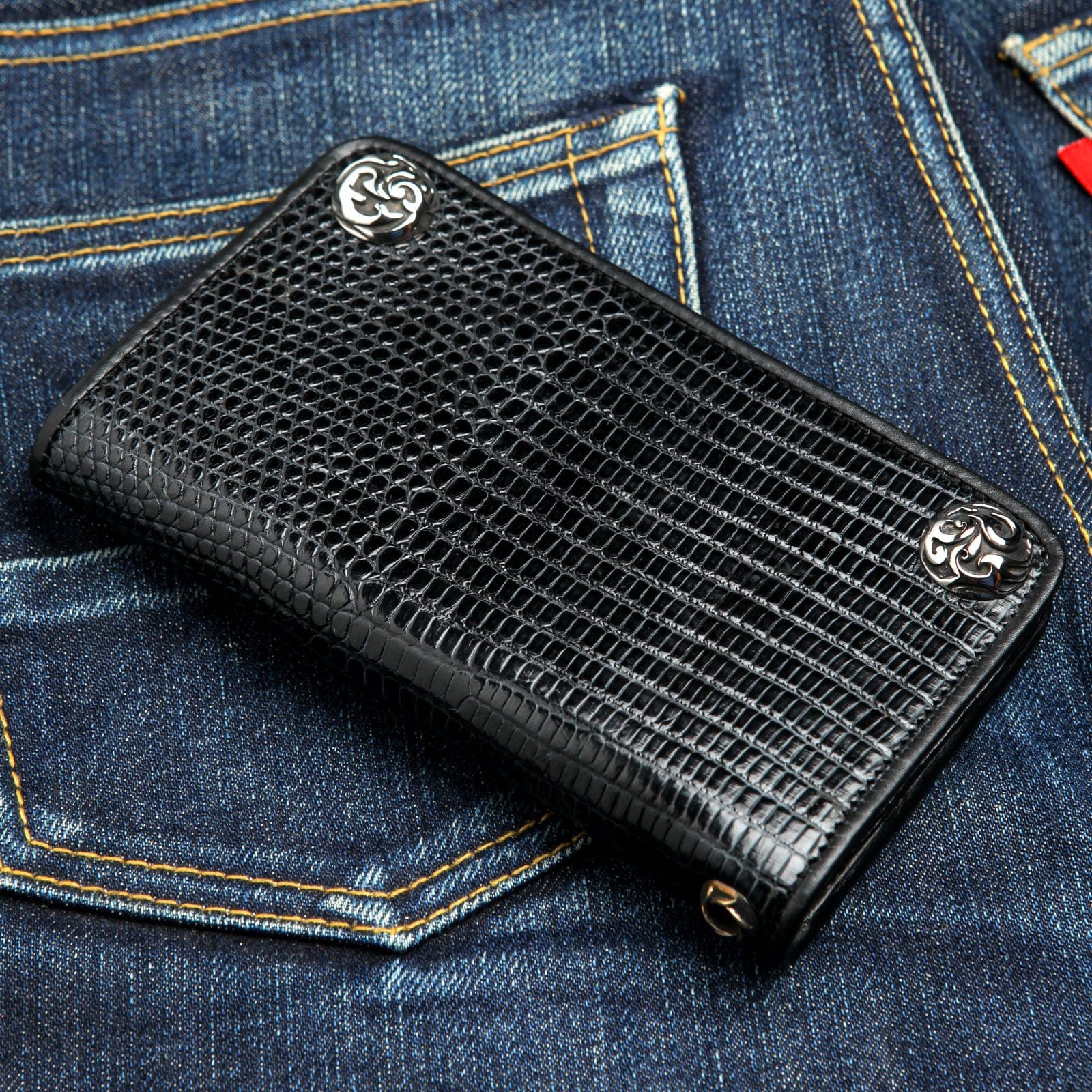 Genuine Black Lizard Leather Biker Wallet - Bikerringshop