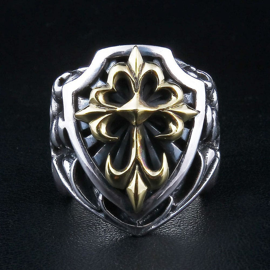 Front view of gold-plated cross shield ring in 925 sterling silver with fleur-de-lis design