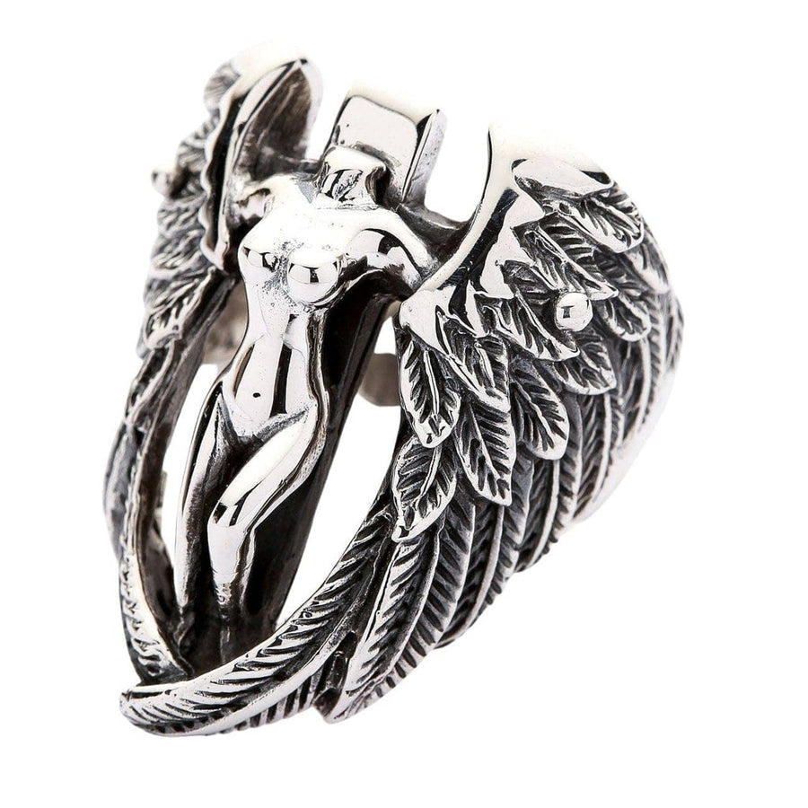 Gothic angel wings ring in sterling silver showing detailed feather carving from side angle