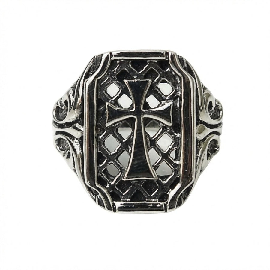 Front view of gothic cross sterling silver ring showing intricate lattice pattern and cross design