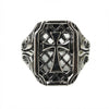 Front view of gothic cross sterling silver ring showing intricate lattice pattern and cross design