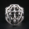 Front view of ornate gothic cross sterling silver shield ring showing 3D relief details