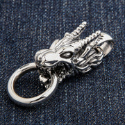 A front view of the heavy sterling silver gothic dragon biker pendant with detailed scales.