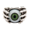 Front view of green eye claw sterling silver gothic ring showing detailed dragon claws gripping eyeball