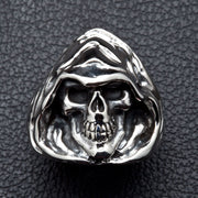 A front view of the sterling silver Grim Reaper skull ring, showing the skull inside the dark hood.