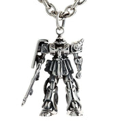 A solid sterling silver Gundam Zaku II pendant hanging from a heavy rolo chain, showcasing its full design.