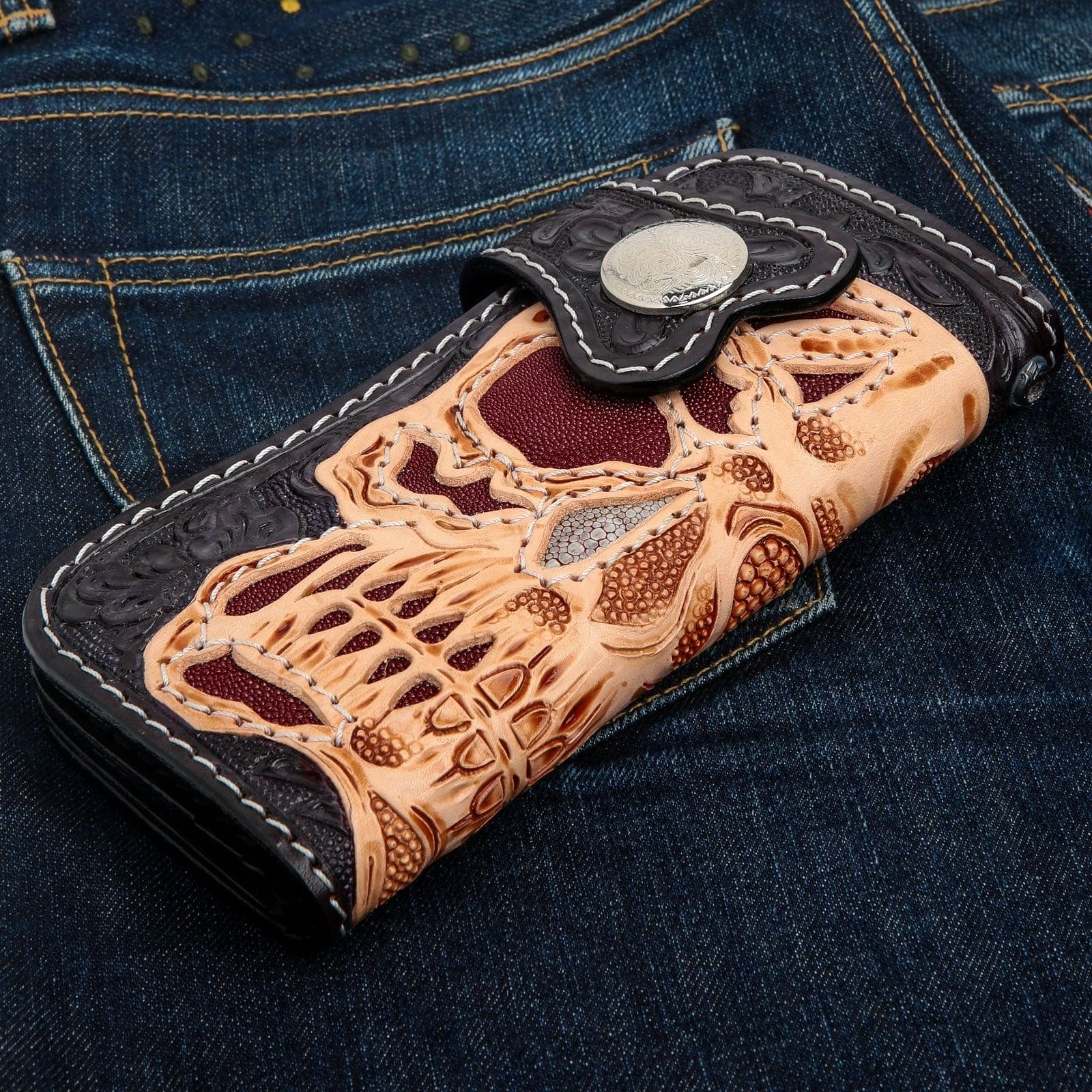 Wallet So Easy Rider Hand Tooled Motorcycle Skull Rider Genuine Leather Biker Wallet