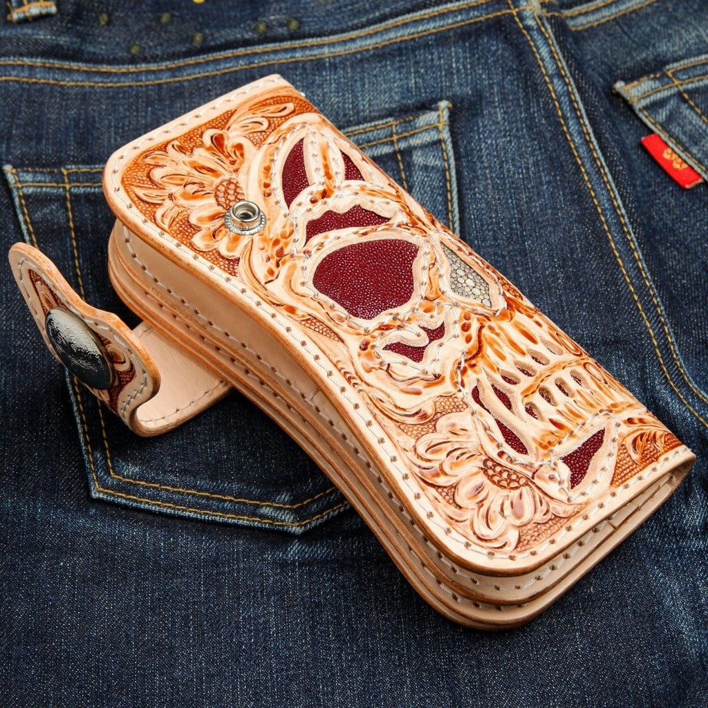 Custom Biker Wallets Skull Tattoo Wallet for Riders — 10 Cards, Chain Grommet
