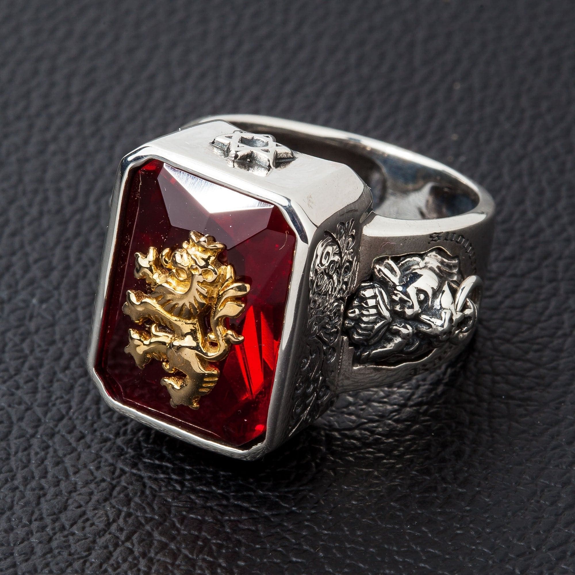 Men's Rampant Lion Ring Silver Gold Signet with Red Stone