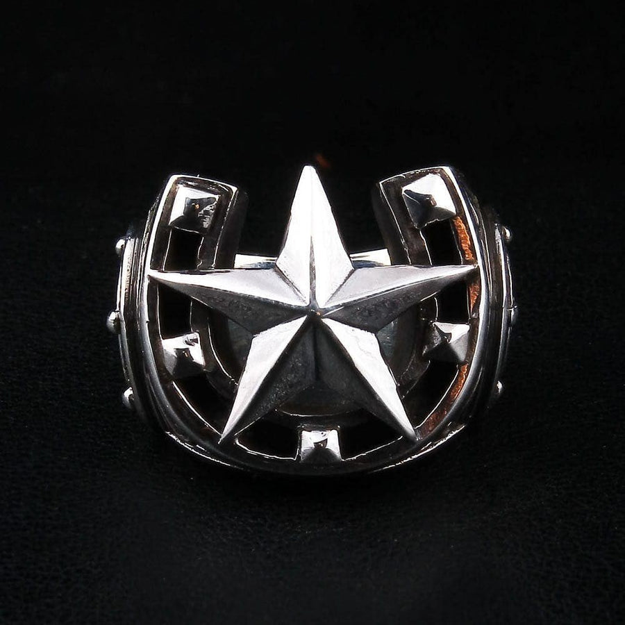 Front view of 925 sterling silver horseshoe ring with raised five-pointed star and nail hole details