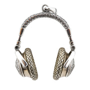 Front view of the iced out headphone pendant in sterling silver, showing the gold-tone earcups and Rasta lion design.