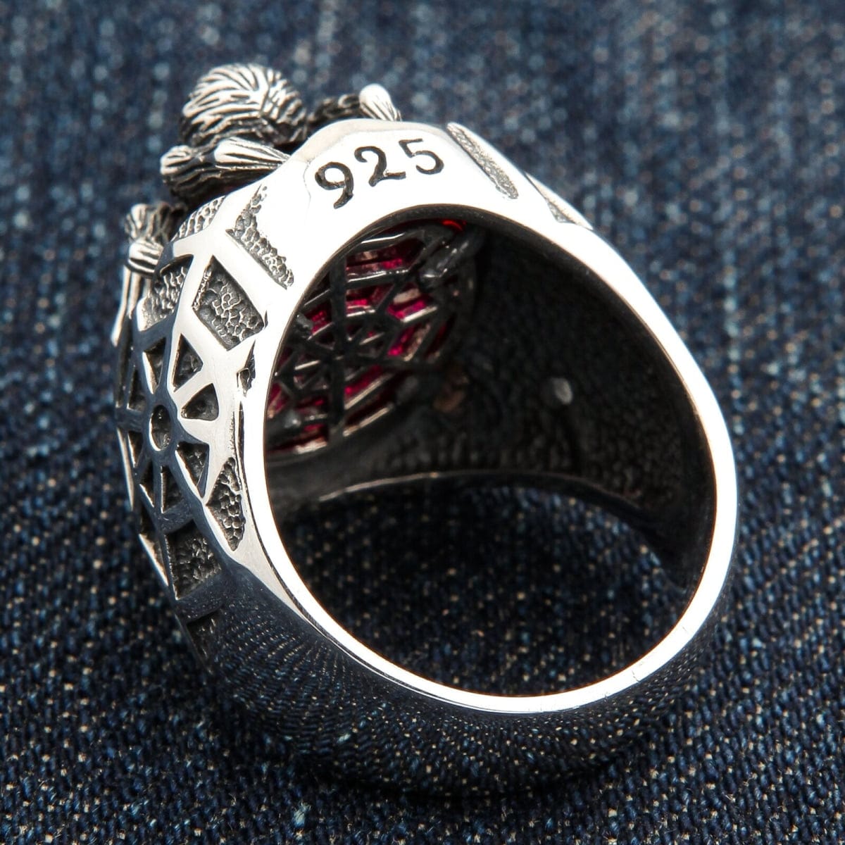 Red Stone Spider Ring Heavy Sterling Silver Web Jewelry