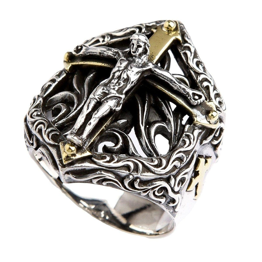 Un anillo de cruz de Jesús para hombres diseñado en un estilo audaz, gótico y motociclista, hecho de plata esterlina sólida.
