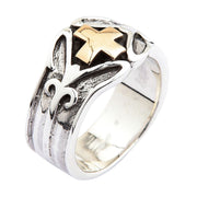 A sterling silver Knights Templar ring with a 14K gold-plated cross and gothic scrollwork on a white background.