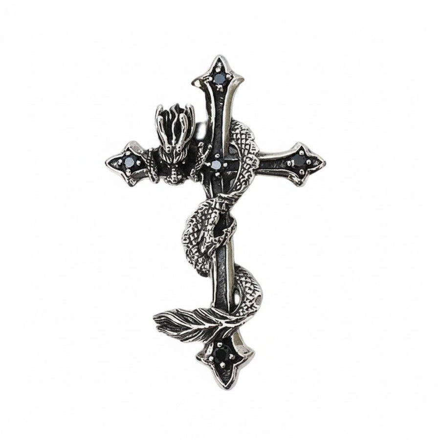 Grand pendentif en forme de croix de dragon gothique, fabriqué à la main en argent massif 925.