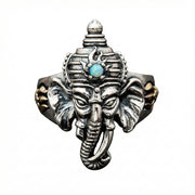 Front face view of the silver Ganesh ring featuring a genuine turquoise stone on the forehead.