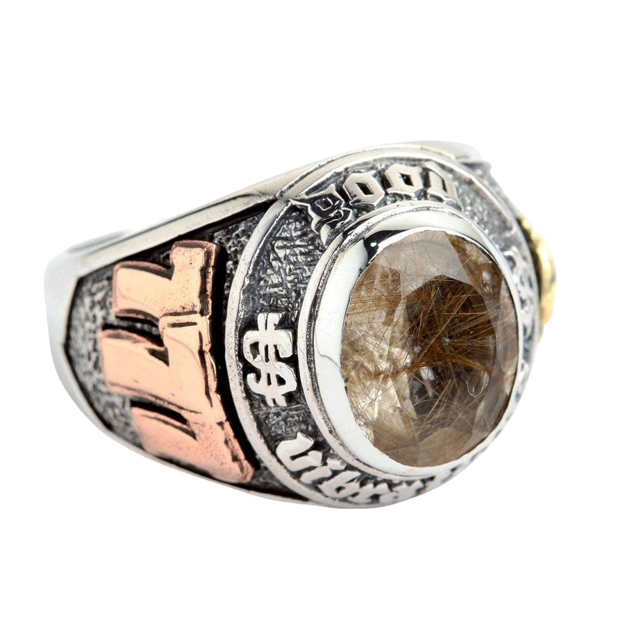 Voorzijde van de gelukkige 777 ring, die het koperen 777 en de rutilated quartz steen toont.