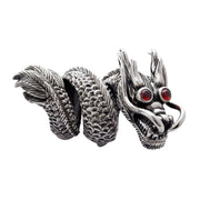 A front view of the massive sterling silver red eye dragon ring, showing its full finger design.